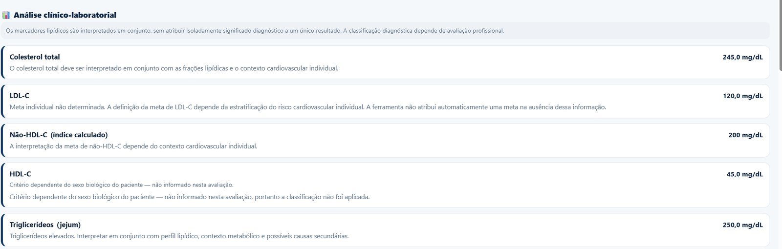 Print real da Análise clínico-laboratorial da Avaliação Integrada, com marcadores lipídicos interpretados em conjunto