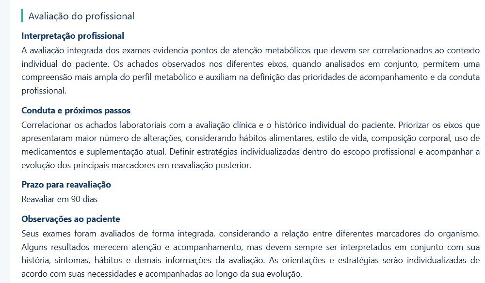 Print real da área de avaliação do profissional no relatório: interpretação profissional, conduta, prazo para reavaliação e observações ao paciente