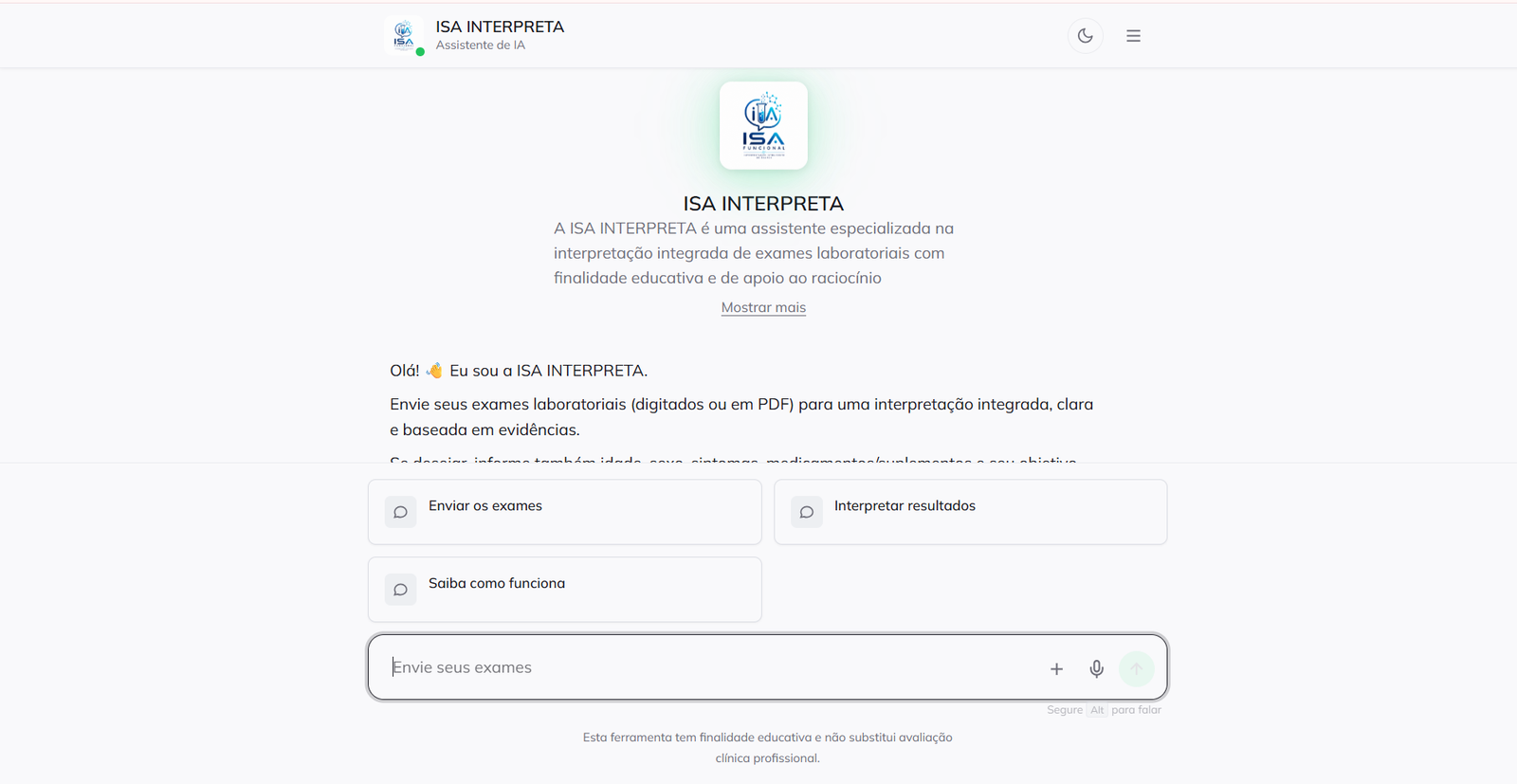 Print real da interface conversacional da ISA INTERPRETA com IA, com opções para enviar exames e interpretar resultados