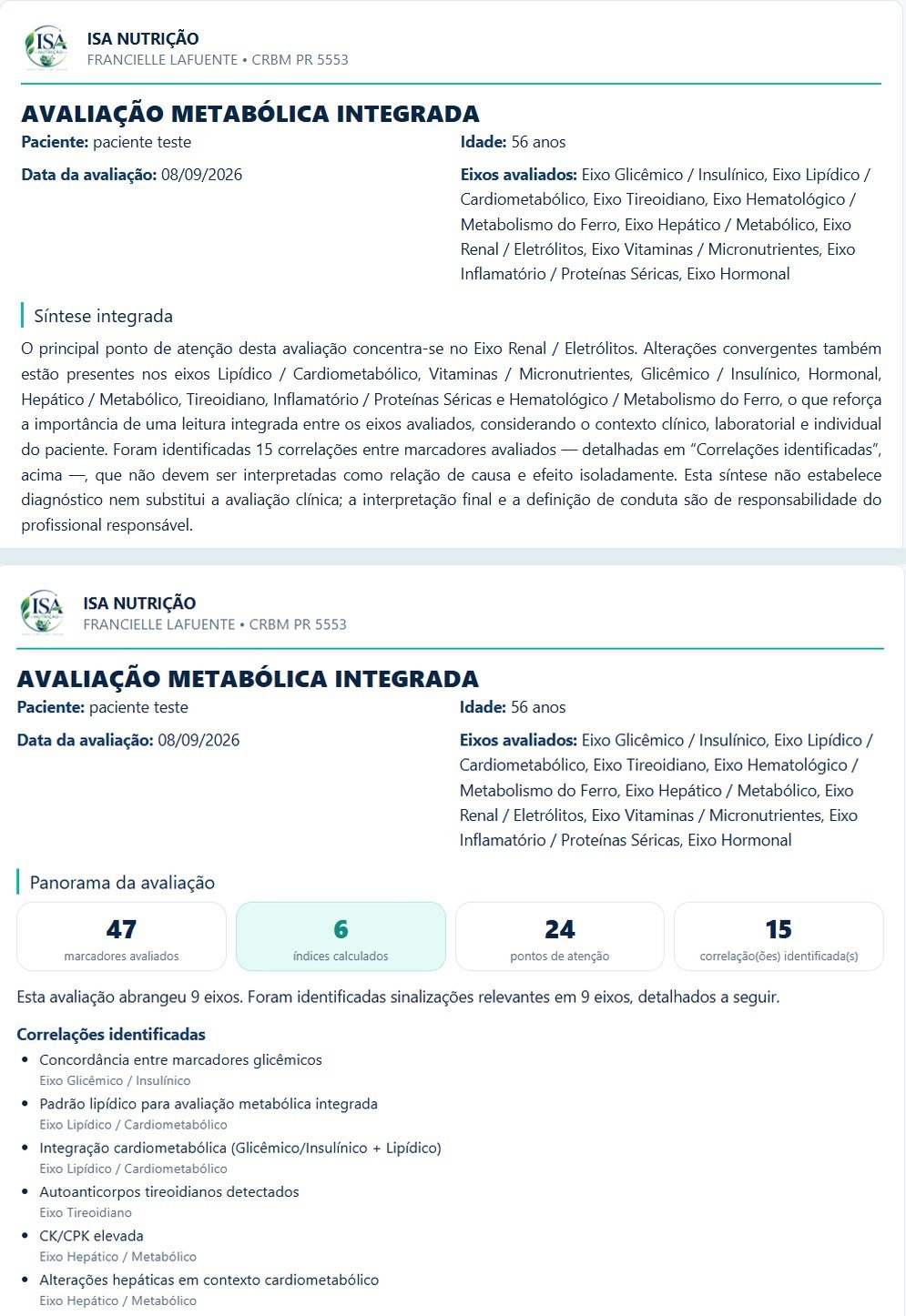 Print real do relatório completo gerado pela ISA INTERPRETA: identificação profissional, panorama da avaliação, marcadores avaliados, índices calculados e correlações identificadas